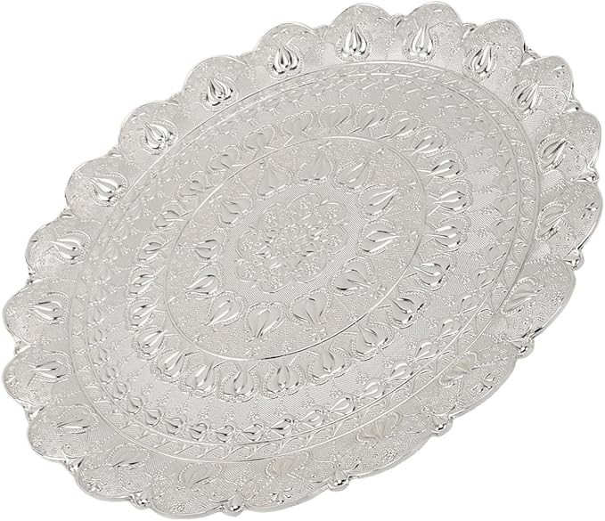 Turkish Tea Coffee Serving Tray, Vintage Style Round Coffee Tray with Embossed Pattern, Metal Dessert Plate for Bar Outdoor Dresser and Home Use (Silver)