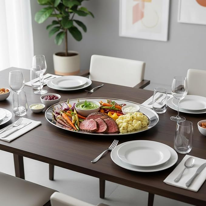 16" Stainless Steel Serving Platter | Oval Silver Food Tray | 3 mm Thick, Unbreakable | Anti Rust Serving Platter | Dinner Trays | Dishwasher Safe Kitchen Tray Silver, 16-Inch [1PK]