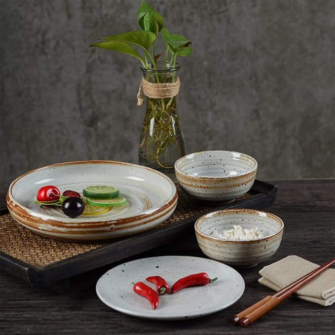 Dinnerware Sets, Porcelain Bowls and Plates Sets, Ceramic Dinnerware Set Retro, 16 Pcs Stoneware Dishes Set for 4, Plate/Bowl Tableware Combination Set for Family Party