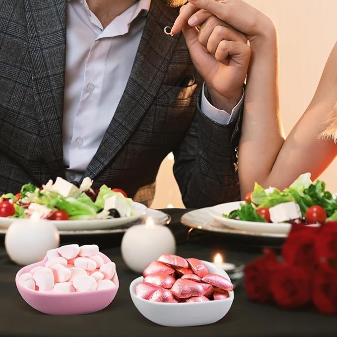 Hushee 12 Pcs Valentine's Day Heart Shaped Bowl Ceramic Candy Dish Multipurpose Salad Appetizer Dipping Sauce Heart Plates for Anniversary Wedding Party(Solid,Pink, White)