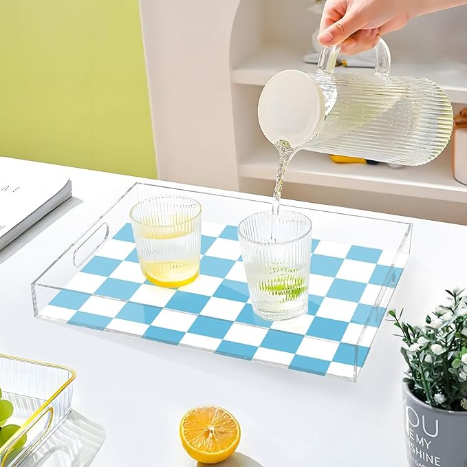 Serving Tray with Handles Clear Acrylic Tray 12x16 Inch Decorative Rectangular Tray Organizer for Ottoman Coffee Table Bathroom Checkered Blue and White