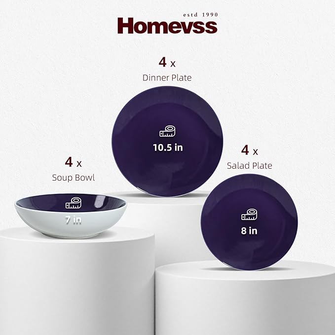 Stoneware Coupe Shape 12pc Dinner Set, Outside White + Inside Purple