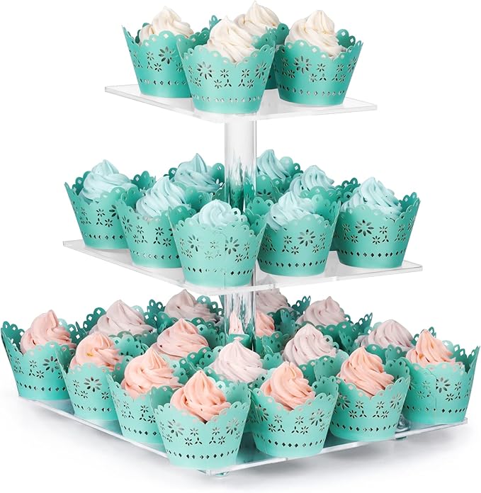 Acrylic Cupcake Stand Clear Cupcake Holder Display Stand Dessert Pastry Tower for Wedding Birthday Bar Party Décor (Square - 3 Tier)