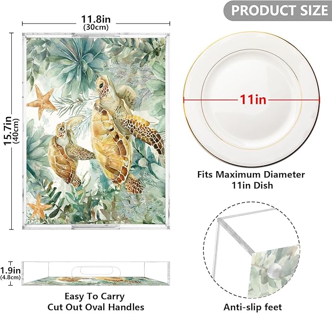 Serving Tray with Handles Clear Acrylic Tray 12x16 Inch Decorative Rectangular Tray Organizer for Ottoman Coffee Table Bathroom Sea Turtle Starfish Plants