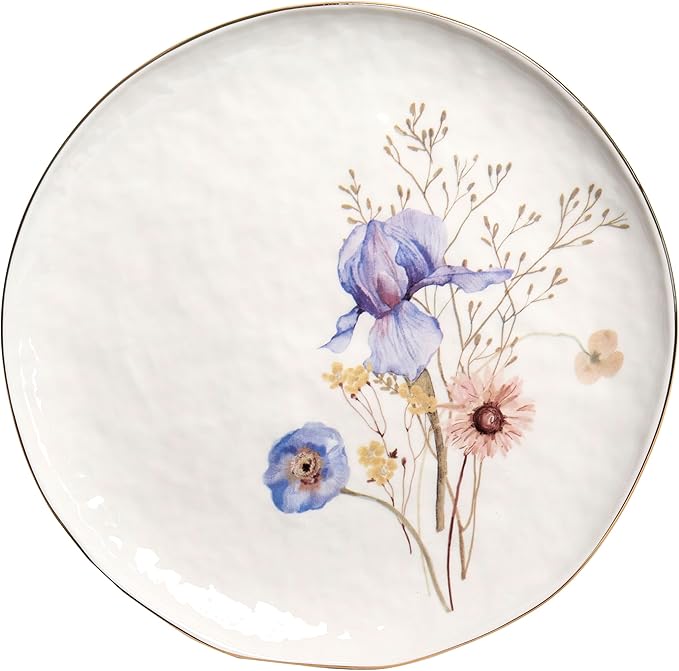 Sango 12-Piece Luxury Stoneware Dinnerware Set for 4- Glossy White Plates and Bowls Sets with Wildflower Patterns and Gold Rims, Ceramic Dish Set, Elegant Dishes for Everyday Dining, Gansevoort