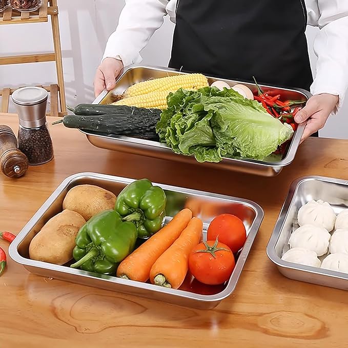 Breading Trays Set of 3 Stainless Steel Breading Pans for Dredging Chicken Breasts and Marinating Meat, Food Prep Serving Trays (12.4" x 8.5" x 1.9")