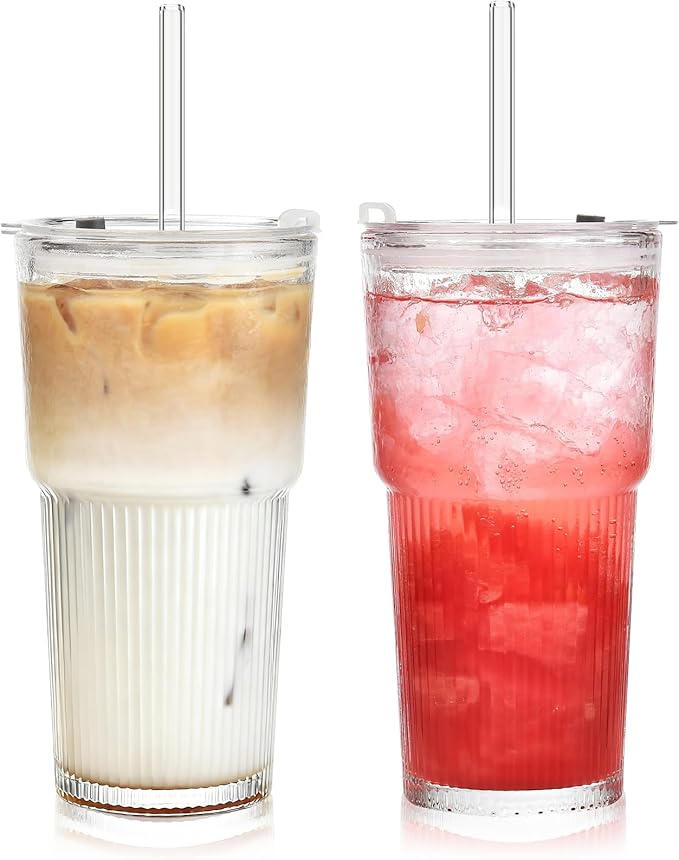 ALINK 20oz Glass Tumblers with Lids and Straws, Set of 2 - Stylish Ribbed Design Drinking Glasses for Iced Coffee Cups, Juice, Smoothies, Cold Beverages, Includes Cleaning Brush, Durable Glassware