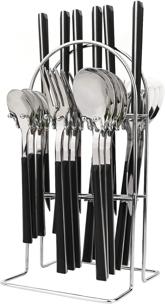 Silverware Set, 24 Piece Mirror Flatware Set With Stand, Stainless Steel Utensils With Black Handle, A Complete Cutlery Set For Most Families, Service For 6