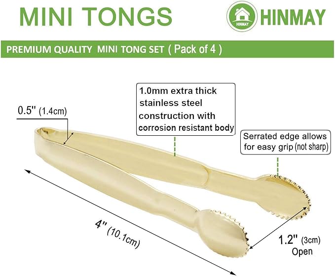 Gold Plated Mini Serving Tongs 4-Inch Sugar Cube Tongs Stainless Steel Mini Ice Tongs, Set of 4