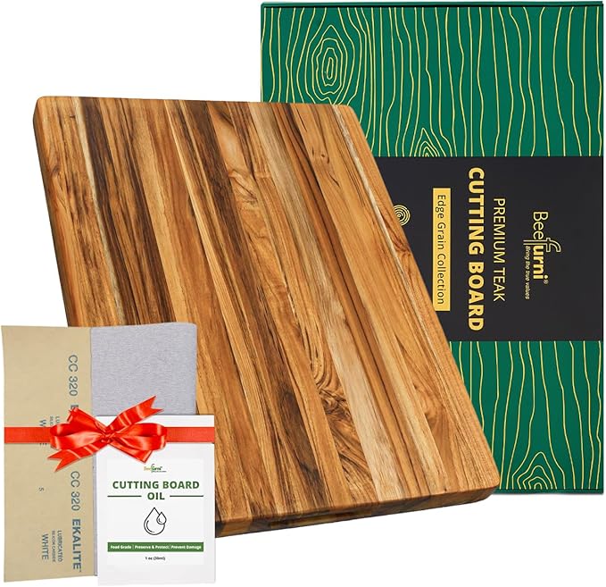 BEEFURNI Teak Wood Cutting Board with Hand Grip (M, 20x15x1.25"), Large Wooden Cutting Boards for Kitchen, Chopping Board Wood, Butcher Block, Charcuterie Board, Christmas Gifts, 1-Year Warranty