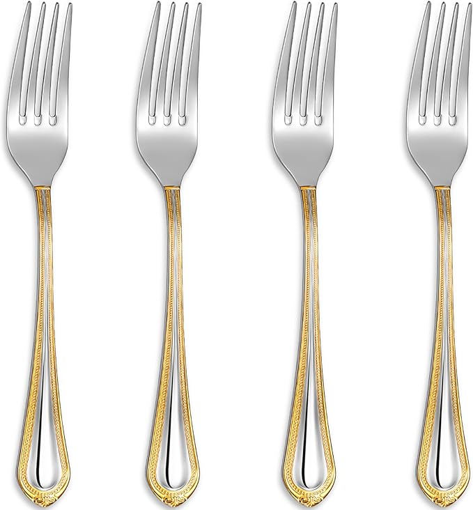 KEAWELL Pearl Edge 4-Piece Premium Fork Set, 18/10 Stainless Steel, Fine Silverware Forks with Mirror Finish and Exquisite Craftsmanship, Gold Accent, Dishwasher Safe (4, 8" Dinner Forks)