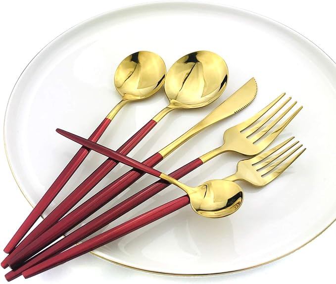 24Pcs Gold Mirror Silverware Flatware With Red Handle, 18/0 Stainless Steel Cutlery Set Utensils Kitchen Dinnerware Include Knife Fork Spoon and Teaspoon, Service for 4