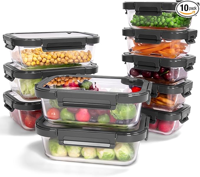 10-Pack Glass Food Storage Containers with Tempered Lids – Borosilicate, Airtight, Oven-Safe (-4°F~950°F), BPA-Free, 4.4 & 1.6 Cup, Leak-Proof, Dishwasher Safe (Gray)