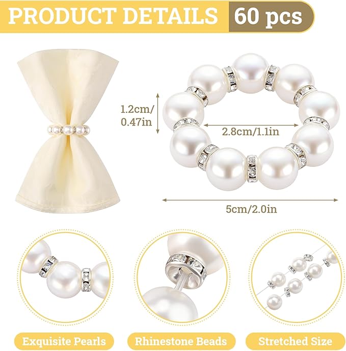 Suream 60 PCS Napkin Rings Bulk, Napkin Holders for Cloth Napkins, Elegant Pearl Decor for Wedding, Formal Dinners, Holiday, Party(White and Silver)