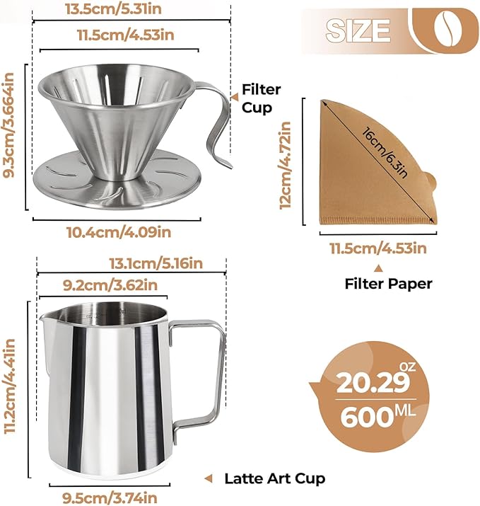 Uncoated Pour Over Coffee Maker 600ml Milk Frothing Pitcher 304 Thickened Stainless Steel Drip Coffeemaker Set with 50pcs V60 Cone Paper Filters Hand Brew Dripper Carafe for Home Camping Travel 20oz