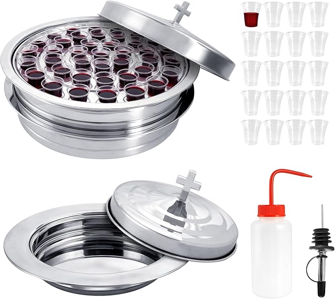Stainless Steel Communion Tray Set for Church – 2Pcs Communion Wine Tray with 1 Lid & 1Pcs Bread Plate with Lid, Includes 100 Disposable Cups, Cups Filler