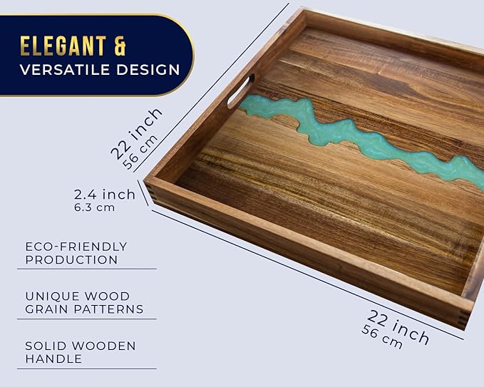 Extra Large (22") Square Premium Blue River Resin Acacia Wood Ottoman Tray with Handles - Serve Food in Style for Dinner, Breakfast, Snacks, BBQ, Entertaining Guests & More
