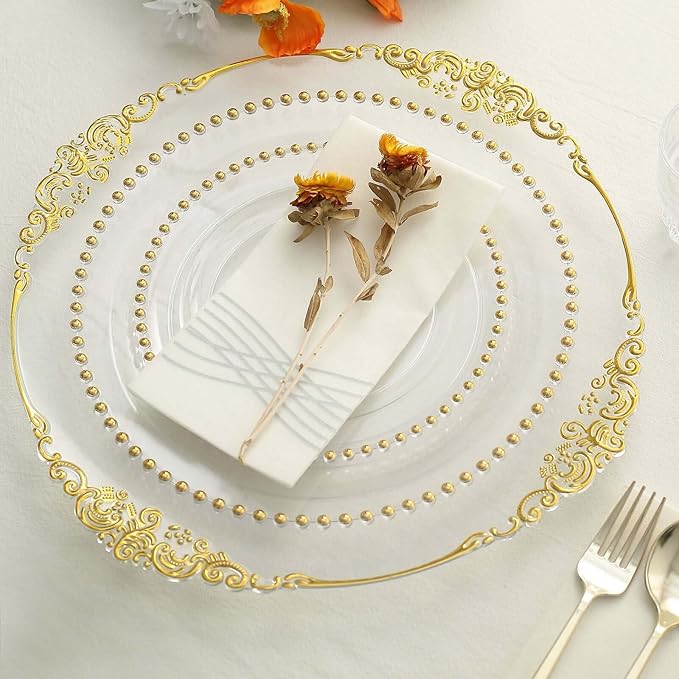10" Dinner Plates - Set of 30 - Plastic Clear/Gold Round Disposable Plate Beaded Rim, Ideal for Decoration Party Wedding Bulk Events