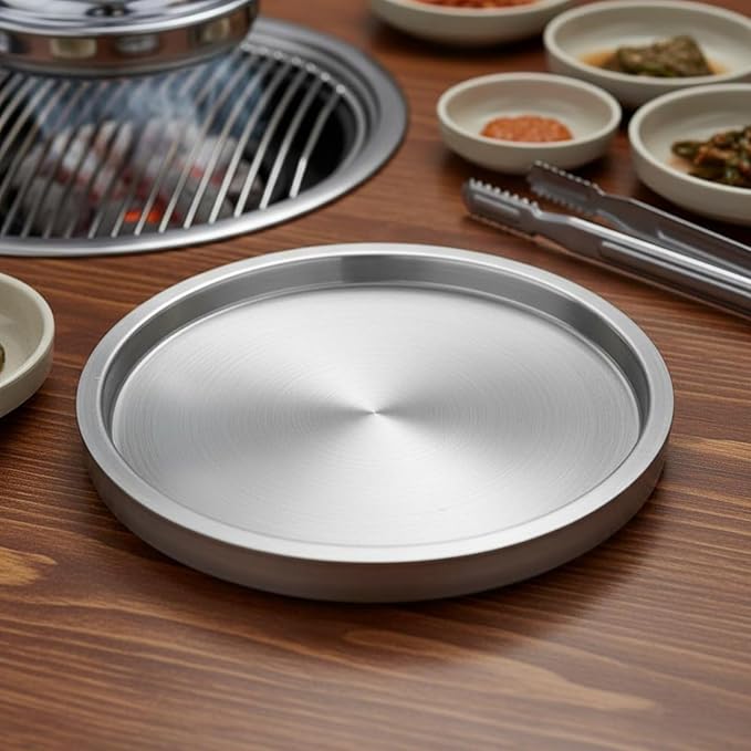 Korean BBQ Serving Tray Dishwasher Stainless Steel Round Dish-Piece Construction Stainless Steel Serving Tray for Hot Pot, Silver, 26CM