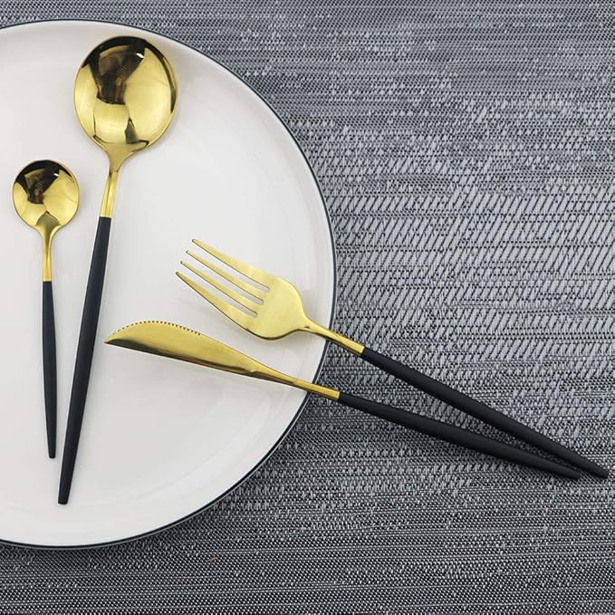 JASHII 24 Piece Titanium Black And Golden Plated Stainless Steel Flatware Set, Black Handle With Golden Mouth Silverware Set Black And Golden Cutlery Set Service for 6 (Handle Black,Shiny Golden)