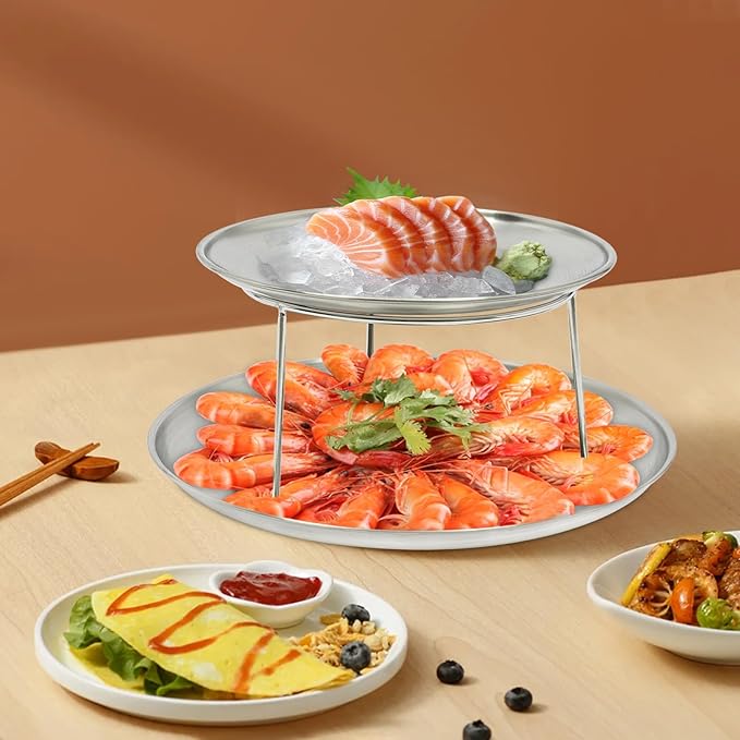 2-Tier Seafood Platter, Seafood Tower Set with 10" Round Trays and 8" Oyster Section for Kitchens, Restaurants, Banquets, Buffets