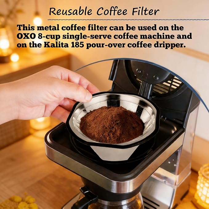 𝙐𝙥𝙜𝙧𝙖𝙙𝙚𝙙 Reusable Metal Filters for Kalita 185 Pour Over Coffee Drippers and OXO 8 Cup Single Serve Coffee Makers, Reusable Coffee Filter Long-Lasting, Cost-Saving, -3 Year Warranty.