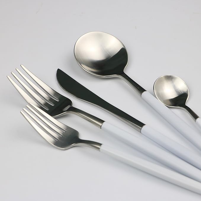 Customized 20-Piece 18/10 Stainless Steel Flatware Set, Serive for 4, With Fork Spoons Knife Teaspoon Dessert Fork for Home Kitchen Restaurant Hotel (White + Silver)