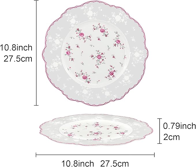 fanquare 10 Inch Porcelain Dinner Plates Set of 4, Lace Dishes Set for Salad, Pasta, Soup, Dessert, Pink Roses