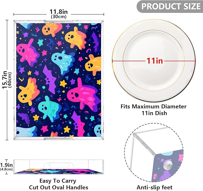 Serving Tray with Handles Clear Acrylic Tray 12x16 Inch Decorative Rectangular Tray Organizer for Ottoman Coffee Table Bathroom Neon Halloween Ghosts Stars Bats