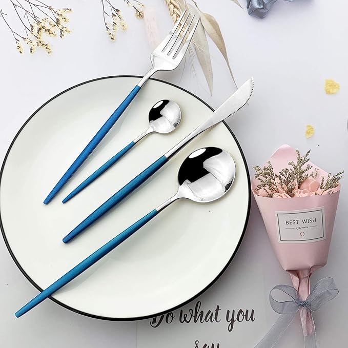 JASHII 24-Piece Titanium Plated Stainless Steel Flatware Set, Blue Handle Silver Mouth Utensils, Blue Silver Cutlery Set for 6