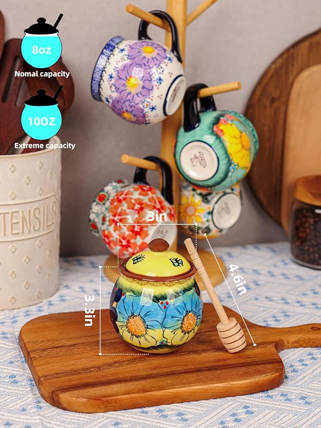 silesia Handmade Ceramic Honey Jar with Lid, 8 oz Floral Design Honey Pot with Dipper, Hand-Painted Honey Containers for Honey, Jam, or Syrup, Dishwasher Safe (Glazed Yellow)