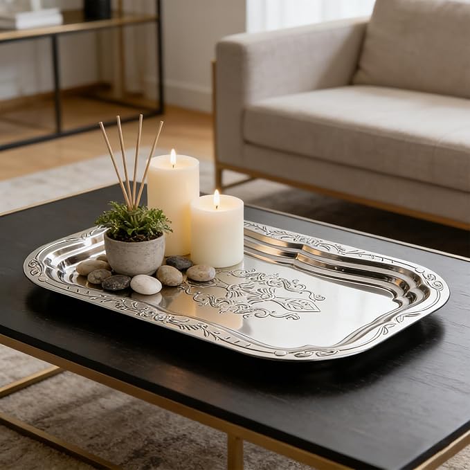 4-Pack Large Silver Serving Trays – 15.8×10.8in Stainless Steel Platter Set with Mirror Surface, Silver Plates for Food Display, Appetizers, Charcuterie, Desserts & Event Table Decor