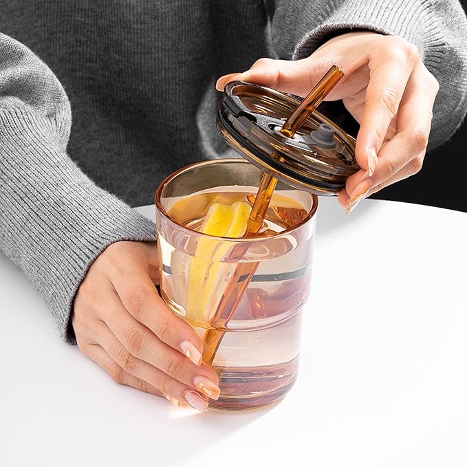 BLUEPOLAR 13oz/400ml Tumbler Water Glass, Cups with Straw and Lid Sealed Carry on for Coffee, Iced Tea, Thick Wall Insulated Glass Cup (Amber)…