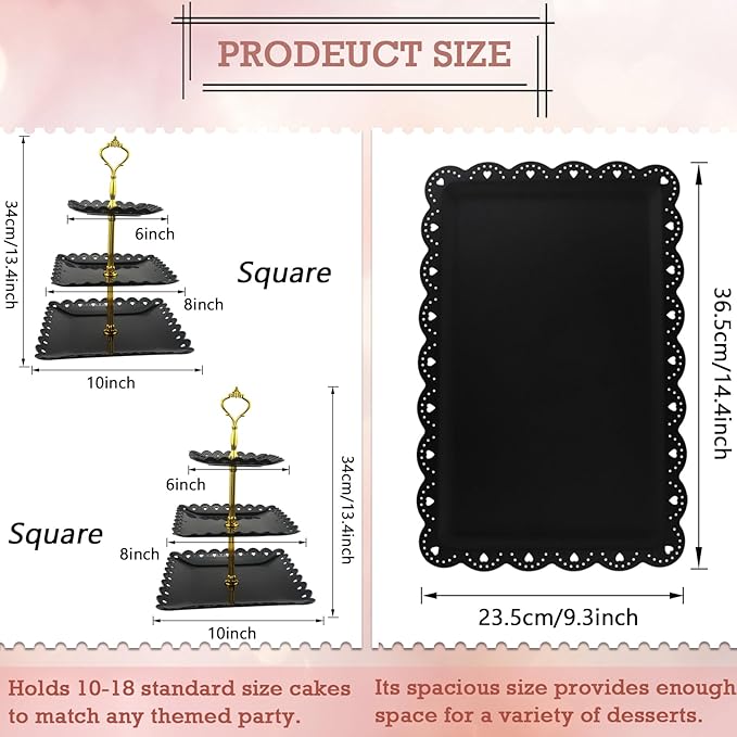 5 Pcs Cupcake Stand Set, Dessert Table Display Set with 2xSquare 3-Tier Cake Stands Holder + 3X Appetizer Trays Suitable for Birthday Wedding Tea Party Baby Shower (Black, Lace Hole Square)