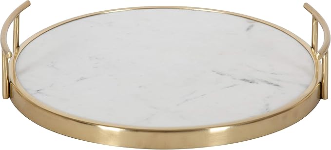 Kate and Laurel Marbury Modern Round Tray, 14 inch Diameter, White Marble and Gold, Contemporary Marble Tray for Storage and Display