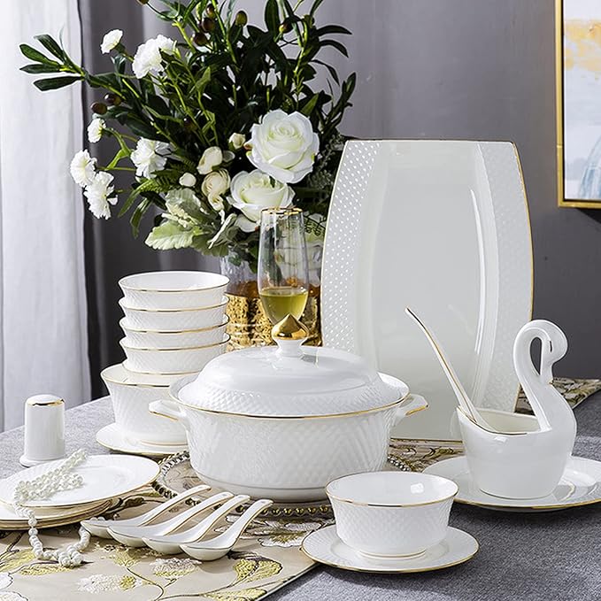 Milky White Porcelain Tableware Set Home Simplicity Combination Tableware Set of Bowls Dessert Plates Soup Plates Dinner Plates 60 Piece Set