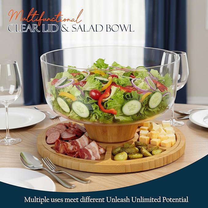 Masthome Bamboo Christmas Cake Stand with Lid, 6 in 1 Cake Holder with Lid,Multi-Functional Serving Platte, Dessert Display Stand and Charcuterie Board for Nutst, Chips & Dips,Fruit Platter
