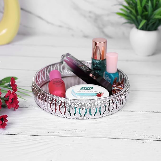 Silver Decorative Multipurpose Round Tray – 6 × 1 Inches Ornate Metal Platter for Snacks, Dry Fruits, Makeup, Jewelry, Puja & Gifts – Elegant Home Décor Serving Tray