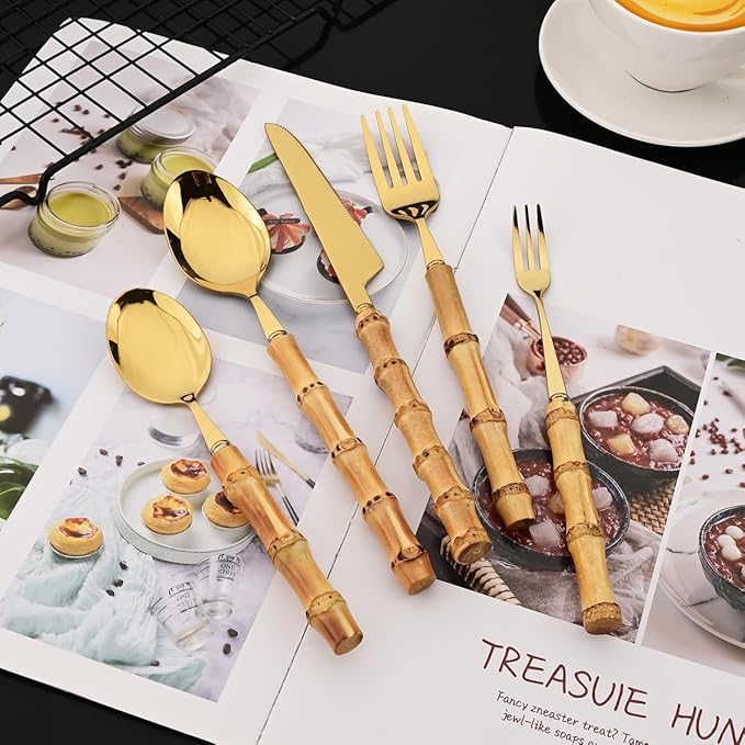 JASHII 20-piece Gold Stainless Steel Flatware Cutlery Set Silverware Knife Fork Spoon Set Bamboo Handle Dishwasher Safe for Dinner Buffet