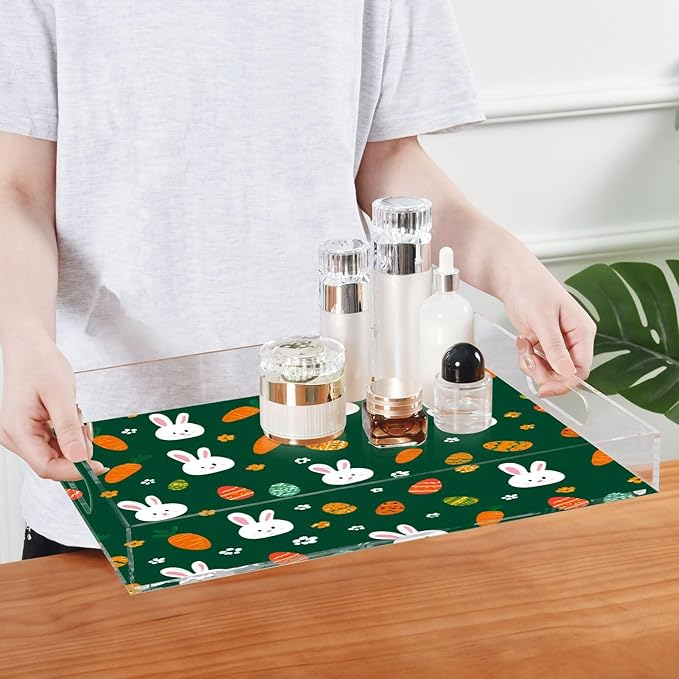 Serving Tray with Handles Clear Acrylic Tray 12x16 Inch Decorative Rectangular Tray Organizer for Ottoman Coffee Table Bathroom Deep Green Easter Rabbit Eggs Carrots