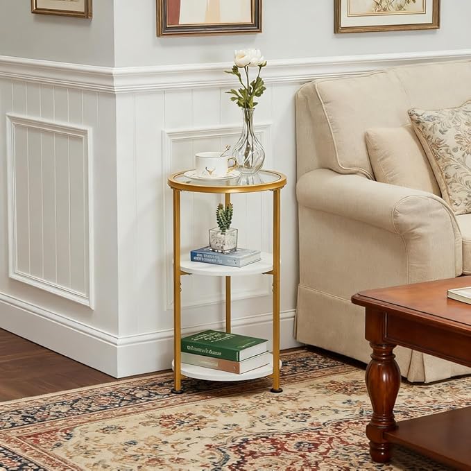 Glass Side Table, Tempered Glass Small Round Side Table with 3-Tier Storage Shelves for Small Spaces, Modern Glass Round End Table for Living Room, Bedside Nightstand for Bedroom (White+Gold)