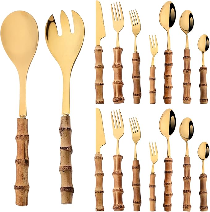 JASHII 304 Stainless Steel Gold Flatware Set, 16pcs Bamboo Handle Silverware Set, Service for 2, with 1 Serving Spoons and 1 Serving Forks. Mirror Polished, Dishwasher Safe