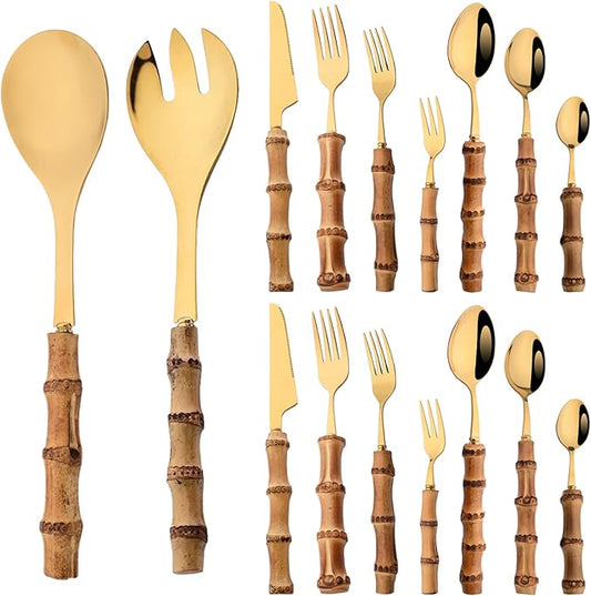 JASHII 304 Stainless Steel Gold Flatware Set, 16pcs Bamboo Handle Silverware Set, Service for 2, with 1 Serving Spoons and 1 Serving Forks. Mirror Polished, Dishwasher Safe