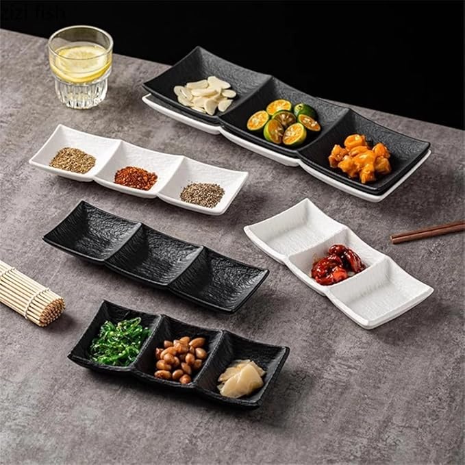 Appetizer Plates Matte Ceramic Seasoning Dish Soy Sauce Vinegar Dish Dessert Plate Sushi Plate 3 Grids Snack Plate for Condiment(Black,Small)
