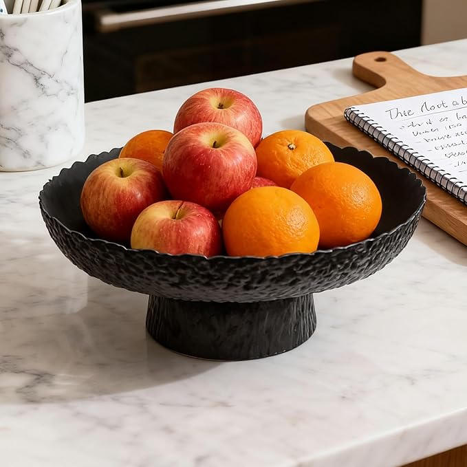 Large Glass Fruit Bowl for Kitchen Counter Decorative Centerpiece Bowl for Table Home Déco, Black Hammered