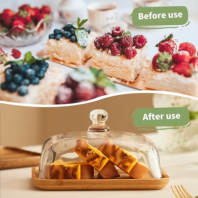 1 Pack Rectangular Wooden Cake Stand with Glass Dome,Small Cake Plate Holder with Clear Glass Bell,Cake Display Server Tray for Kitchen,Birthday Parties,Weddings,Baking Gifts (4.6 x 7in)
