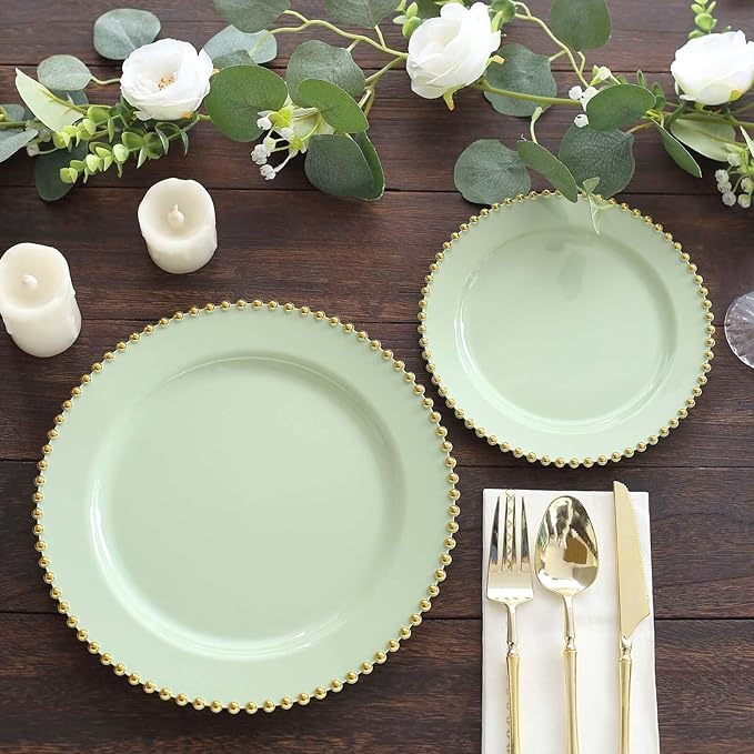 10" Dinner Plates - Set of 30 - Plastic Sage Green/Gold Round Disposable Plate Beaded Rim, Ideal for Decoration Party Wedding Bulk Events