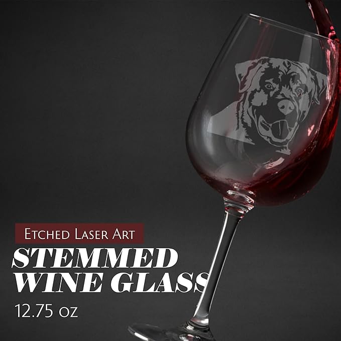 Etched Laser Art Personalized Dog Themed Etched Wine Glass - Custom Dog Breed Wine Glasses, Ideal for Pet Lovers, Unique Birthday Gift for Men & Women, Personalized Gift - Rottweiler, 12.75 oz
