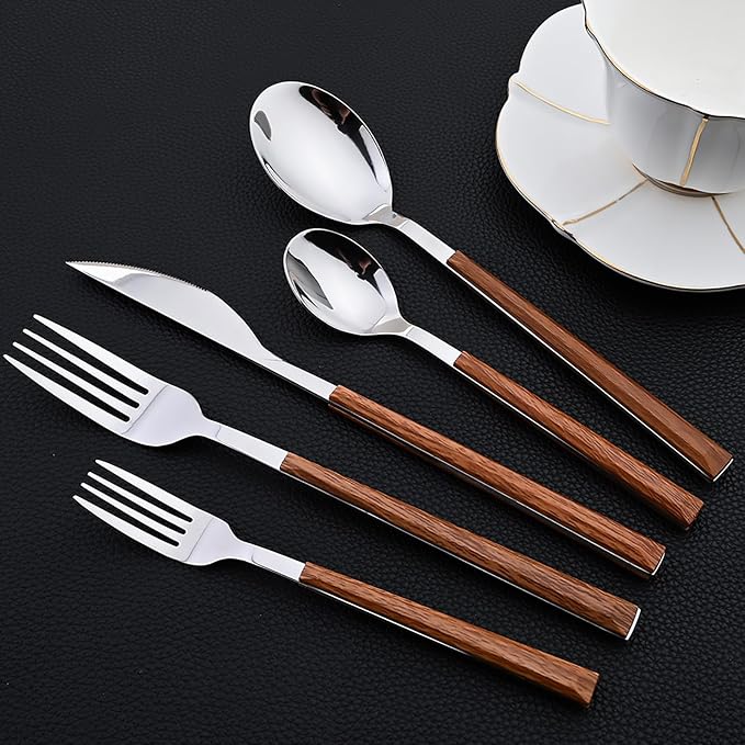 30pcs Wood Handle Flatware Set, Stainless Steel Cutlery Set Include Knife/Fork/Spoons, Mirror Polish, Service for 6 (Brown Silver)