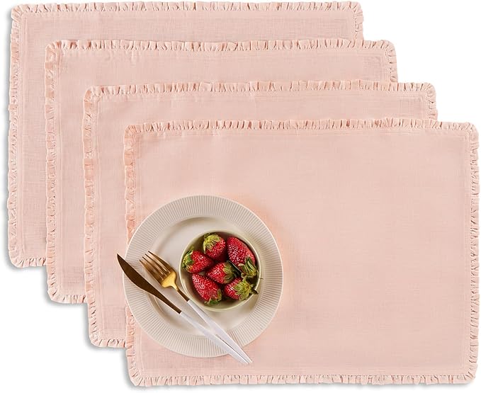 Solino Home Peach Cloud Linen Placemats 14 x 19 Inch - 100% Pure Linen Juliette Ruffle Placemats Set of 4 - Handcrafted and Machine Washable Table Mats